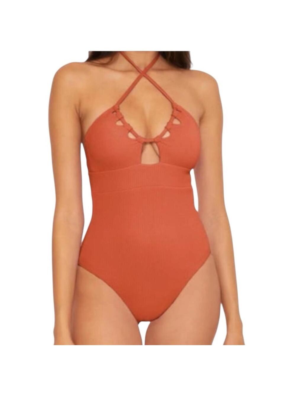 BECCA cut out textured tie back One Piece swimsuit rust orange size M $138 NWT